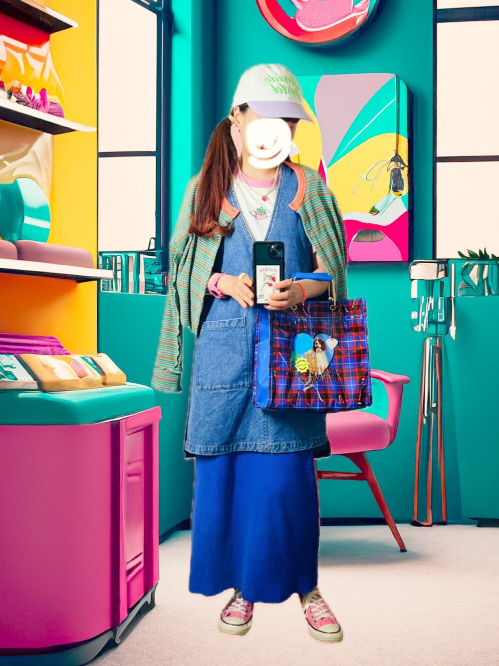 ブルー系のスカート、ブルー系のハンドバッグ、ブルー系のベストを着用したレディースの夏コーディネートの2枚目の写真