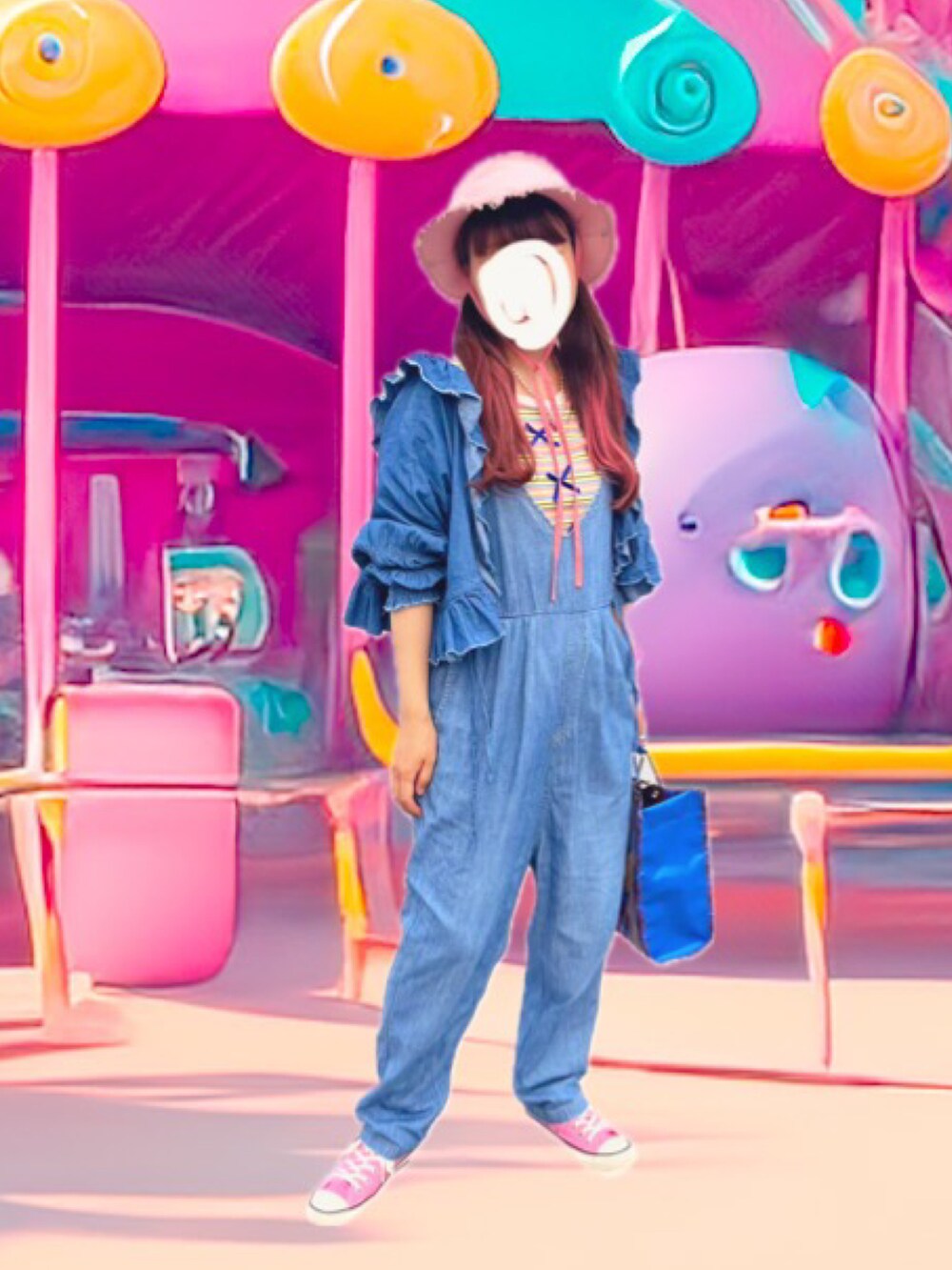 ブルー系のシャツ/ブラウス、ブルー系のハンドバッグ、イエロー系のTシャツ/カットソーを着用したレディースの夏コーディネートの2枚目の写真