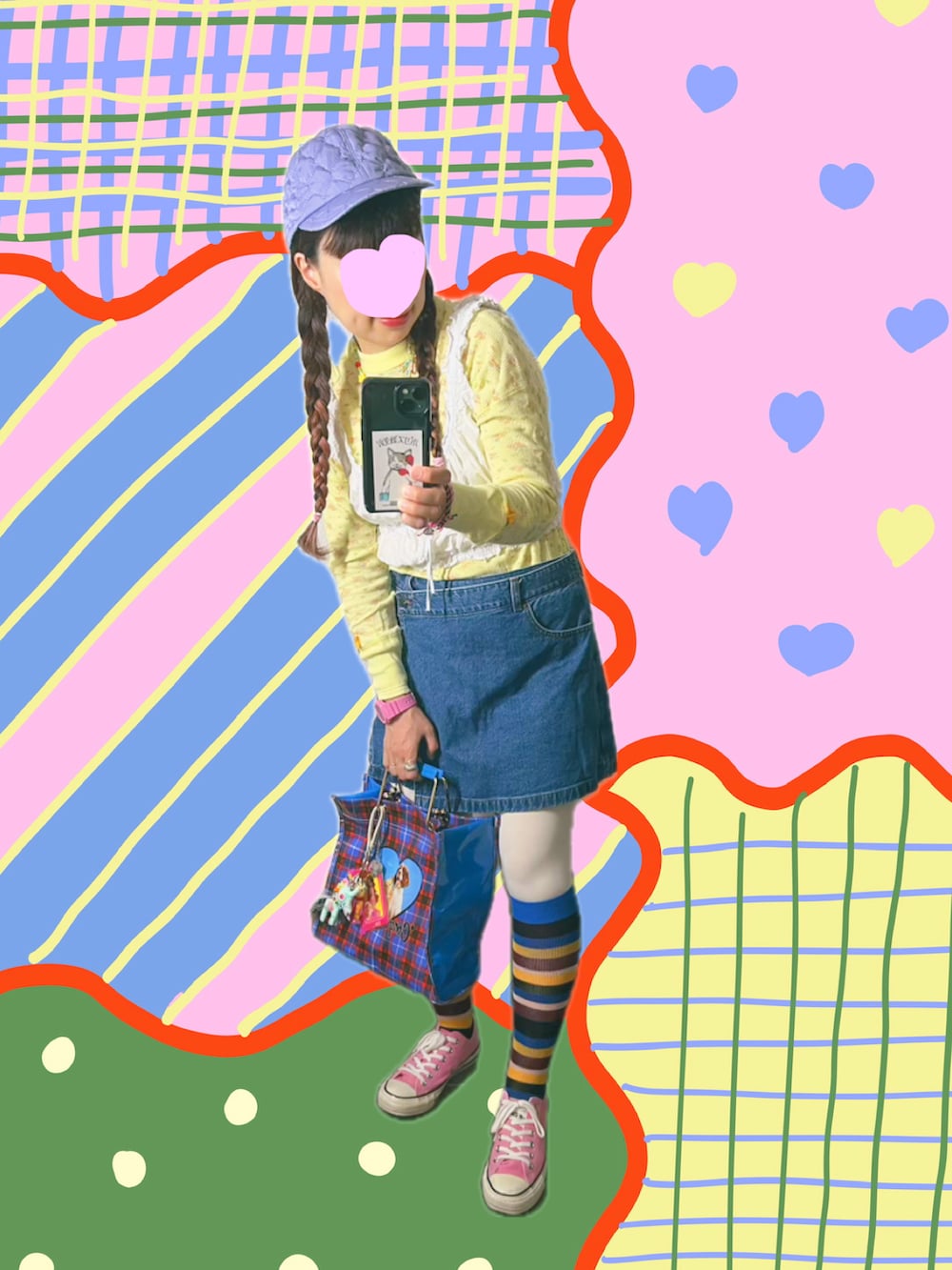 イエロー系のTシャツ/カットソー、ブルー系のハンドバッグ、ピンク系のスニーカーを着用したレディースの秋コーディネートの5枚目の写真