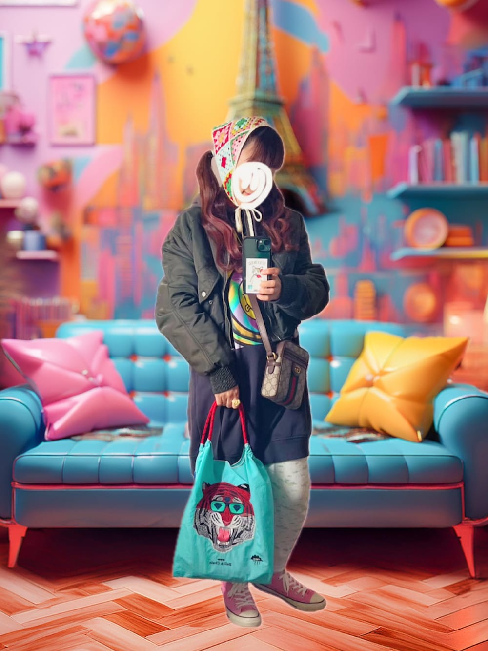 ピンク系のスニーカー、ブルー系のエコバッグ/サブバッグ、ブラック系のスウェットを着用したレディースの秋コーディネートの2枚目の写真