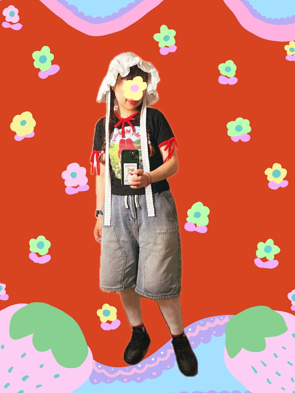ブルー系のデニムパンツ、ブラック系のハンドバッグ、ブラック系のTシャツ/カットソーを着用したレディースの夏コーディネートの4枚目の写真
