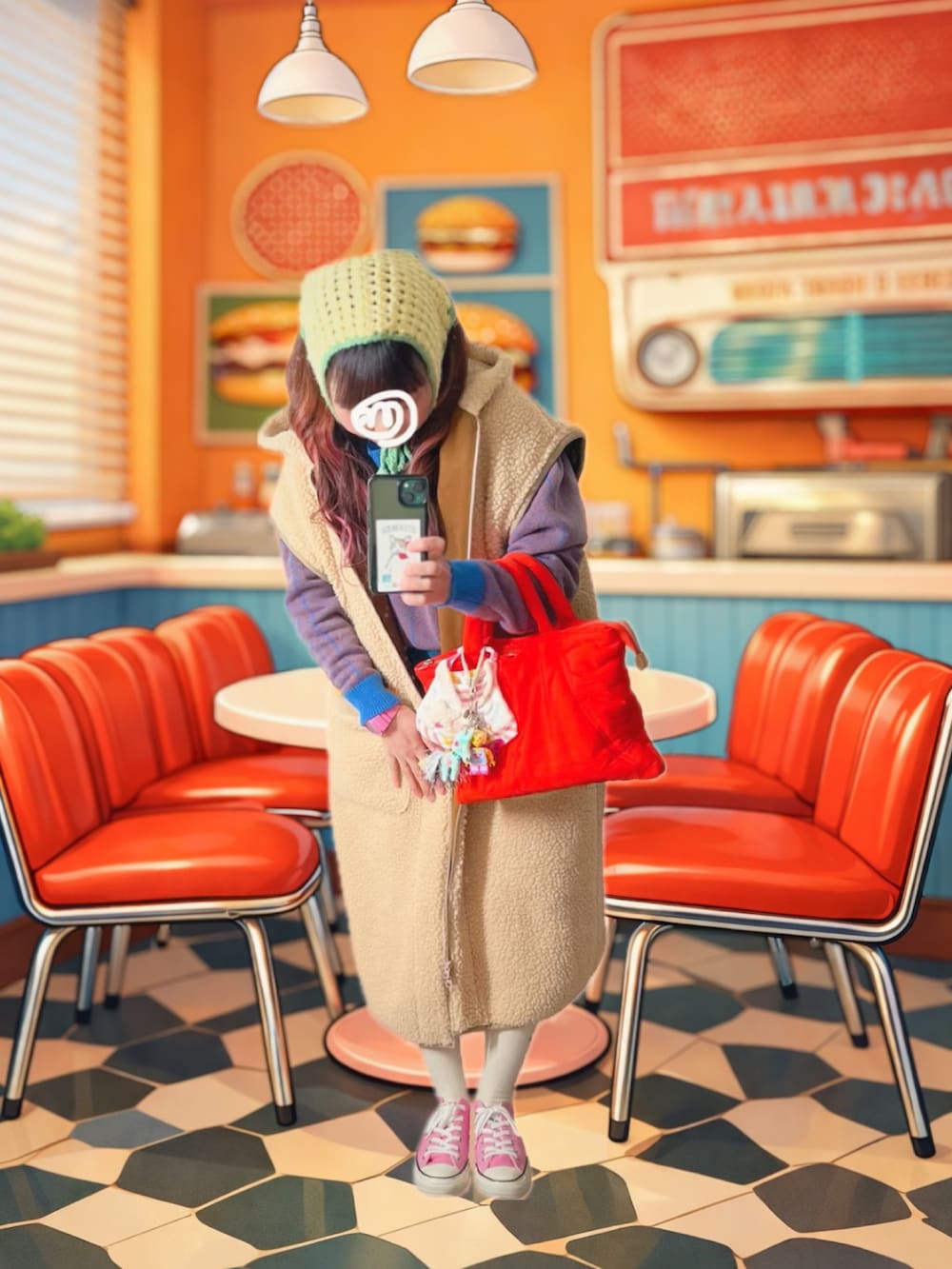 ピンク系のスニーカー、ベージュ系のその他アウター、ブルー系のニット/セーターを着用したレディースの冬コーディネートの4枚目の写真