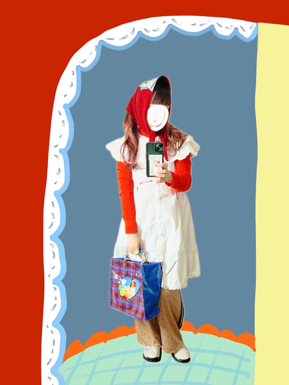 ベージュ系のその他パンツ、ブルー系のハンドバッグ、ホワイト系のスニーカーを着用したレディースの冬コーディネートの3枚目の写真