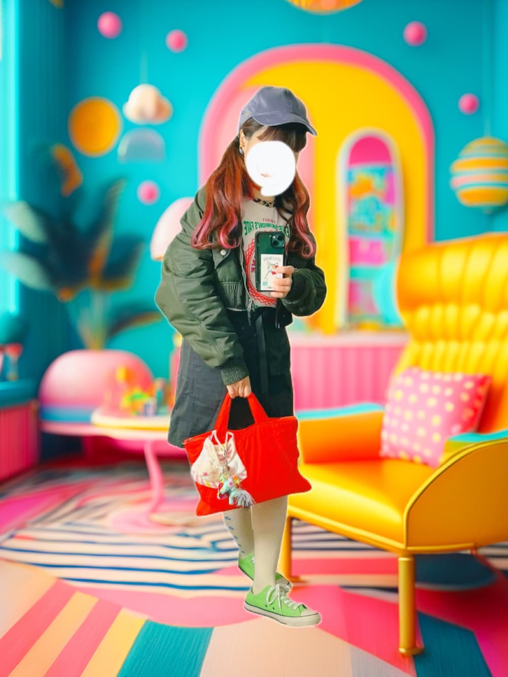 ホワイト系のタンクトップ、オレンジ系のTシャツ/カットソー、グリーン系のスニーカーを着用したレディースの冬コーディネートの2枚目の写真