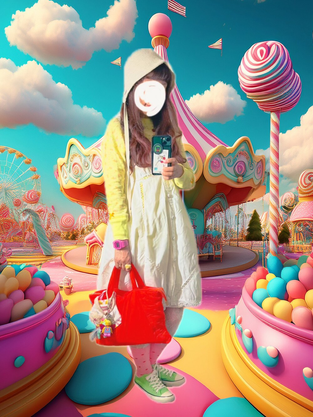 ホワイト系のその他パンツ、イエロー系のTシャツ/カットソー、グリーン系のスニーカーを着用したレディースの秋コーディネートの2枚目の写真