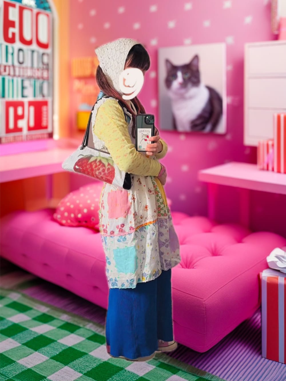 ピンク系のスニーカー、ブラック系のハンドバッグ、イエロー系のTシャツ/カットソーを着用したレディースの春コーディネートの2枚目の写真