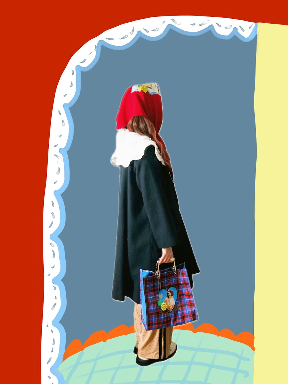 ベージュ系のその他パンツ、ブルー系のハンドバッグ、ホワイト系のスニーカーを着用したレディースの冬コーディネートの4枚目の写真