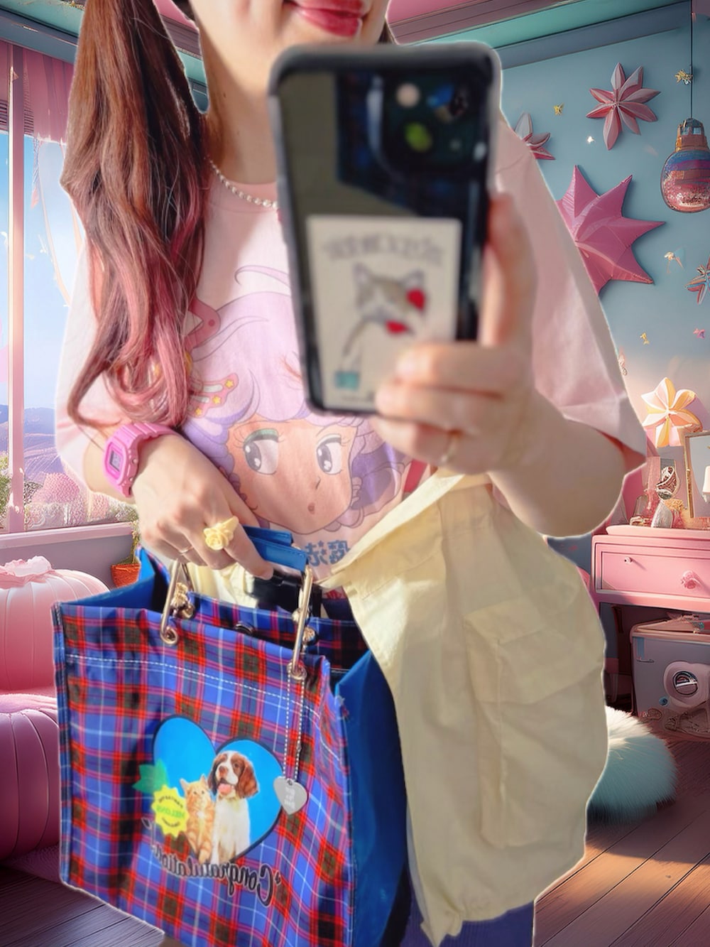 パープル系のスカート、ピンク系のTシャツ/カットソー、ブルー系のハンドバッグを着用したレディースの夏コーディネートの3枚目の写真