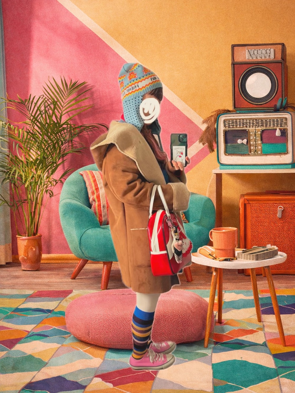 ピンク系のスニーカー、ホワイト系のその他パンツ、ブルー系のベストを着用したレディースの冬コーディネートの2枚目の写真