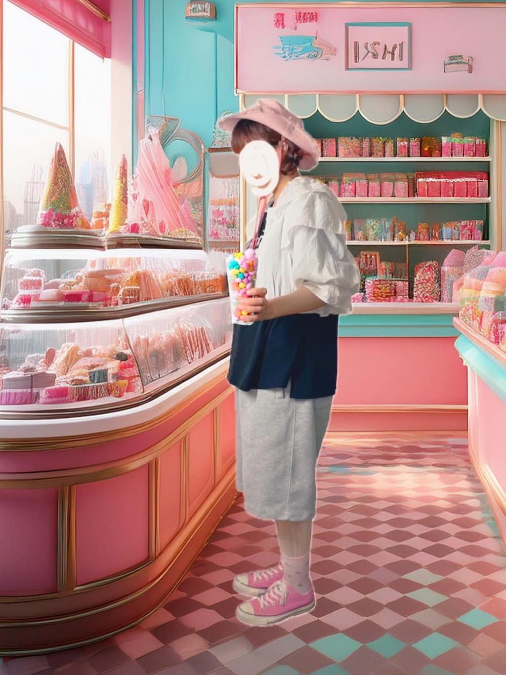 ブラック系のTシャツ/カットソー、ピンク系のスニーカー、ホワイト系のシャツ/ブラウスを着用したレディースの夏コーディネートの3枚目の写真