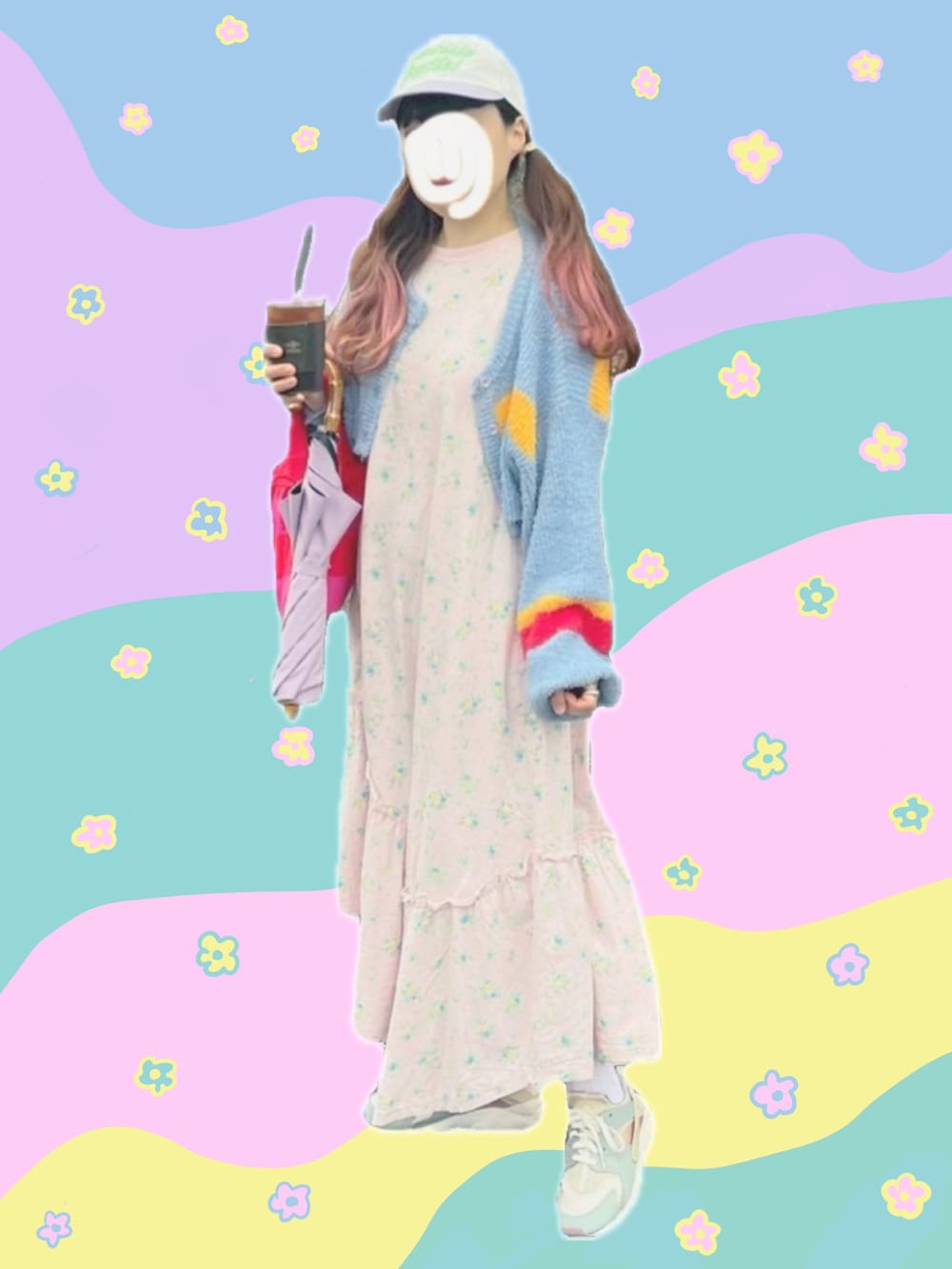 ピンク系のワンピース、ブルー系のカーディガン/ボレロ、その他のスニーカーを着用したレディースの夏コーディネートの2枚目の写真