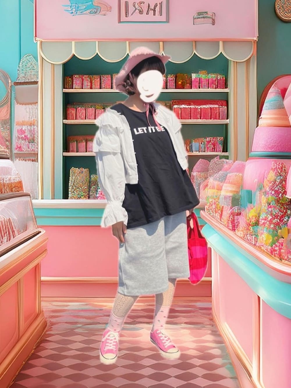 ブラック系のTシャツ/カットソー、ピンク系のスニーカー、ホワイト系のシャツ/ブラウスを着用したレディースの夏コーディネートの2枚目の写真