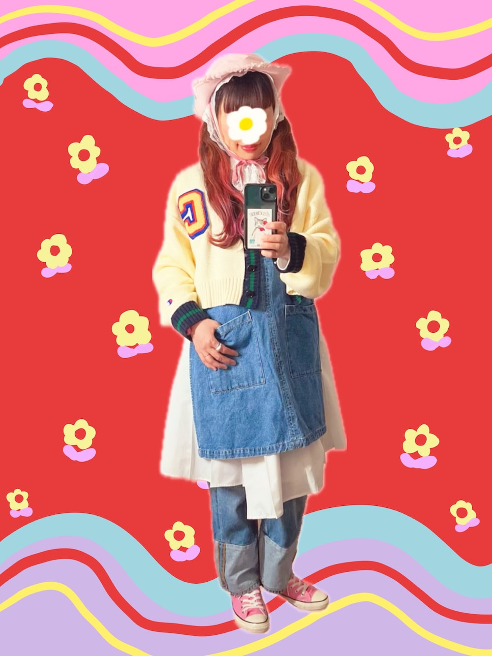 ピンク系のスニーカー、イエロー系のスカート、ブルー系のハンドバッグを着用したレディースの春コーディネートの3枚目の写真