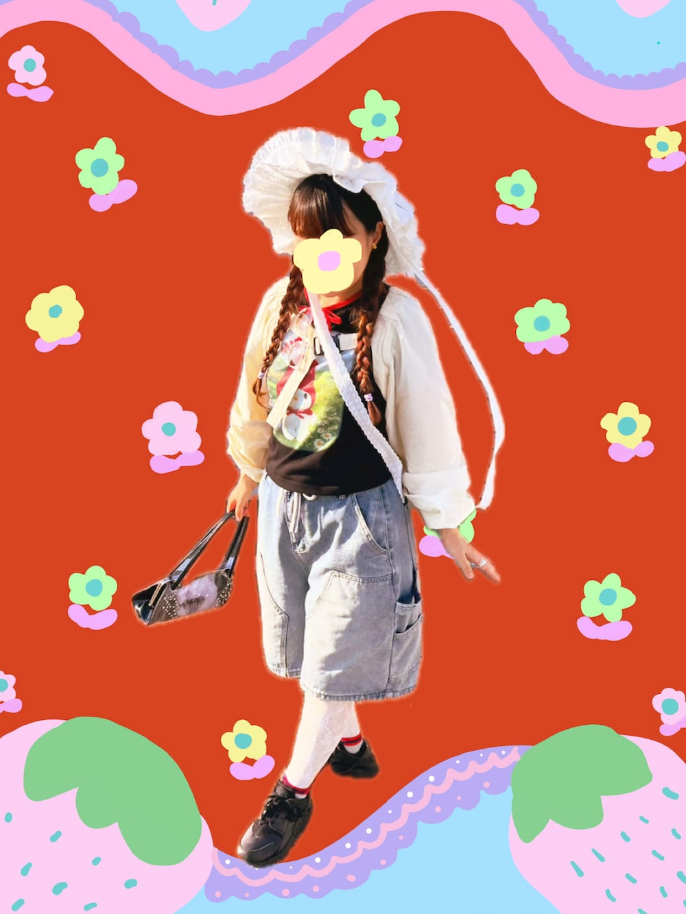 ブルー系のデニムパンツ、ブラック系のハンドバッグ、ブラック系のTシャツ/カットソーを着用したレディースの夏コーディネートの2枚目の写真