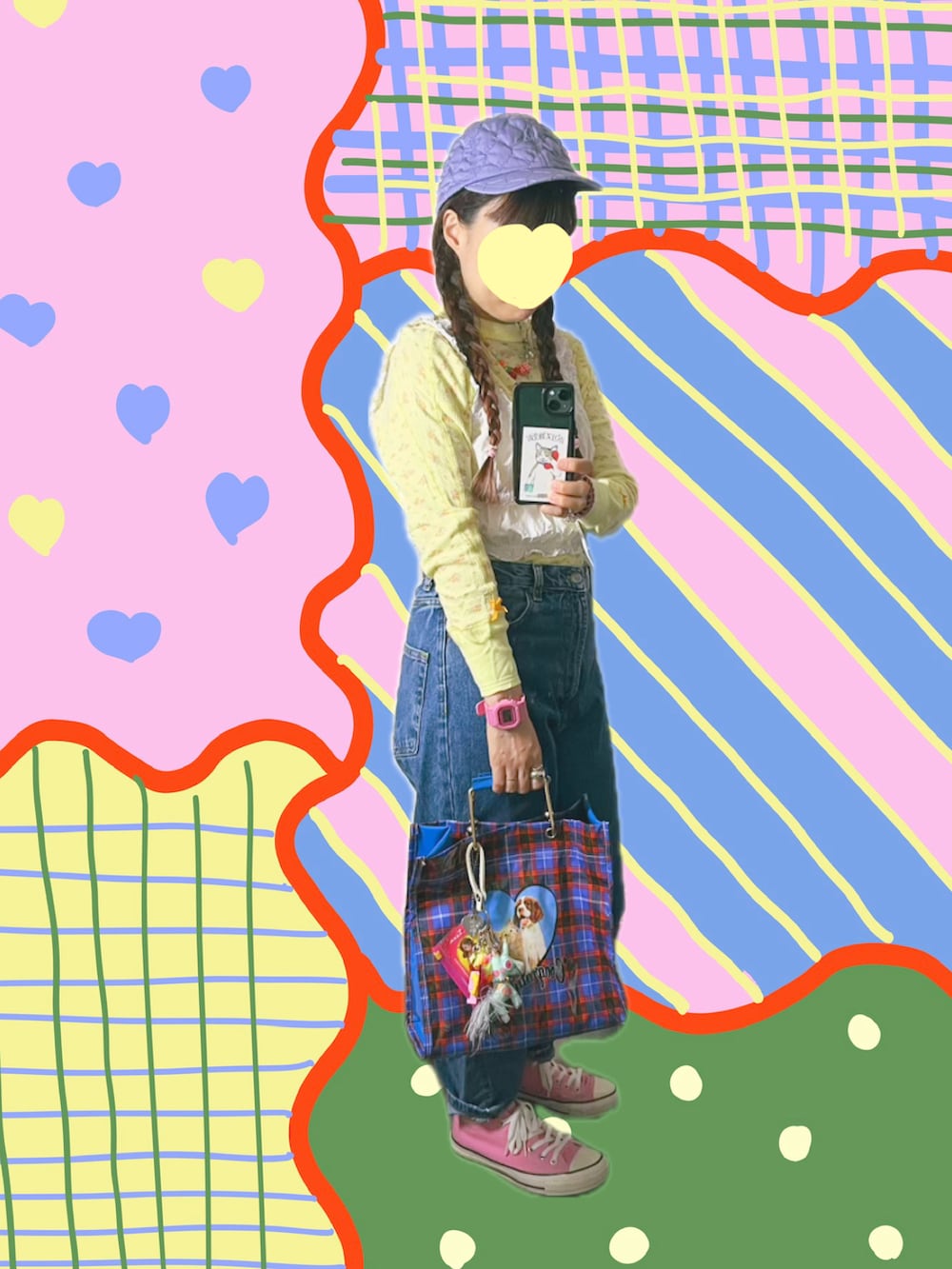 イエロー系のTシャツ/カットソー、ブルー系のハンドバッグ、ピンク系のスニーカーを着用したレディースの秋コーディネートの3枚目の写真