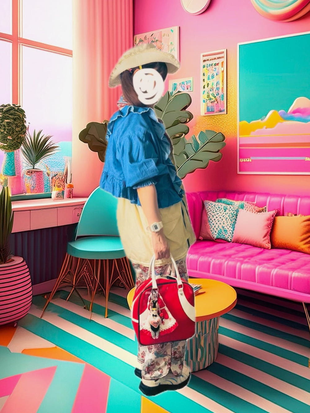 ブルー系のシャツ/ブラウス、ホワイト系のベスト、レッド系のボストンバッグを着用したレディースの夏コーディネートの2枚目の写真