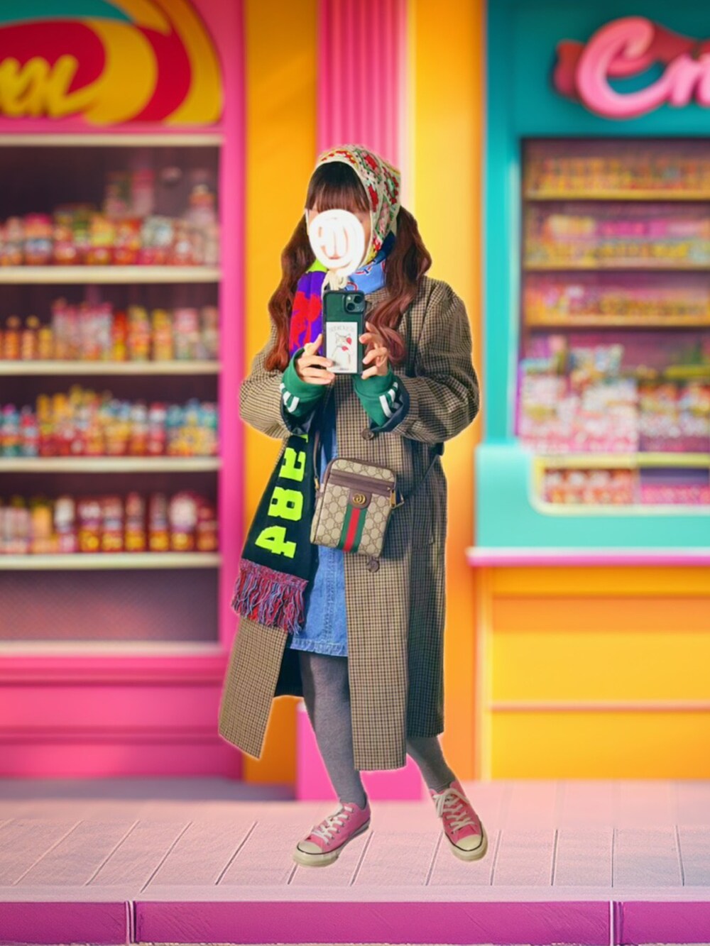 ホワイト系のその他パンツ、ブルー系のベスト、グリーン系のスニーカーを着用したレディースの秋コーディネートの2枚目の写真