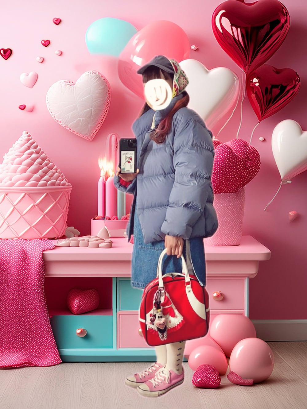 ピンク系のスニーカー、ホワイト系のその他パンツ、ブルー系のベストを着用したレディースの冬コーディネートの2枚目の写真