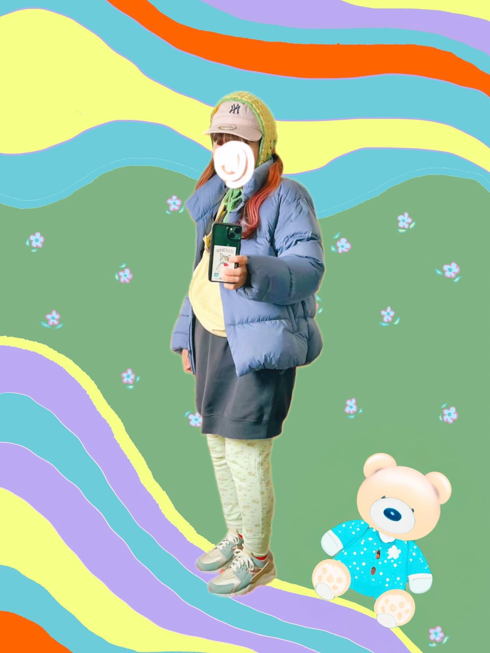 その他のスニーカー、ブラック系のスウェット、ブルー系のダウンジャケット/コートを着用したレディースの冬コーディネートの3枚目の写真