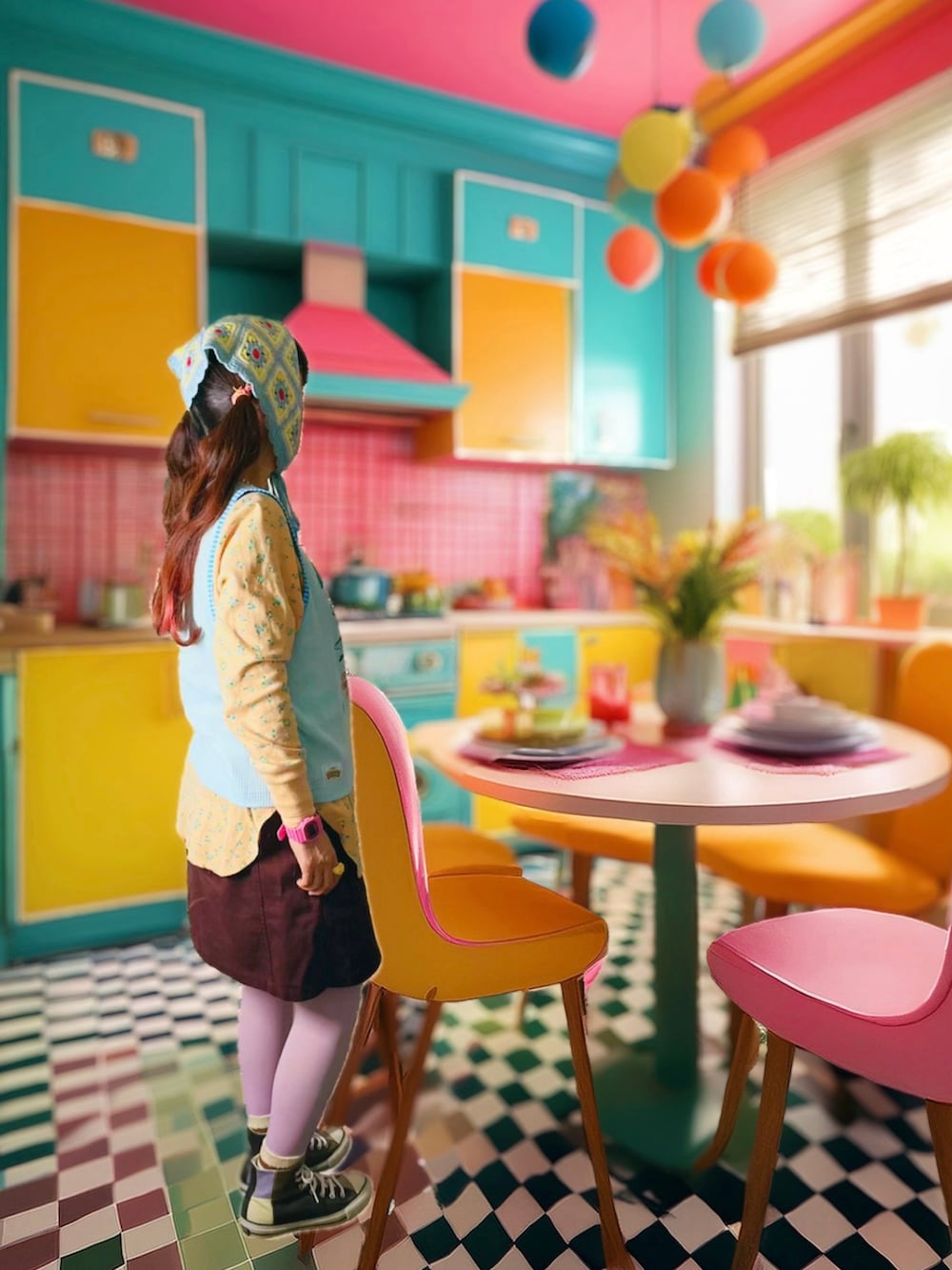 ブルー系のキャミソール、オレンジ系のTシャツ/カットソー、レッド系のボストンバッグを着用したレディースの秋コーディネートの3枚目の写真