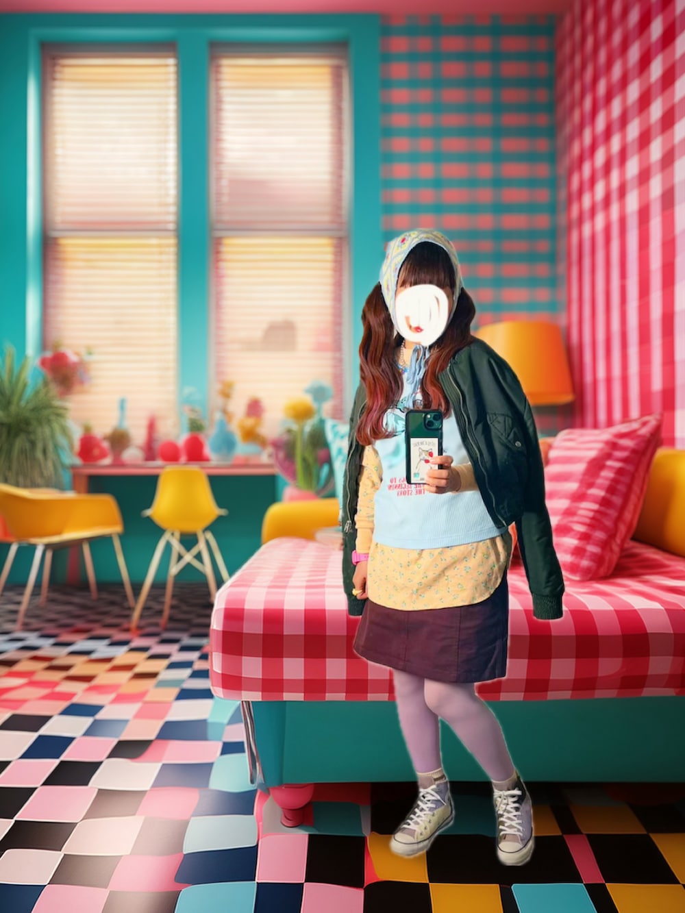 ブルー系のキャミソール、オレンジ系のTシャツ/カットソー、レッド系のボストンバッグを着用したレディースの秋コーディネートの2枚目の写真