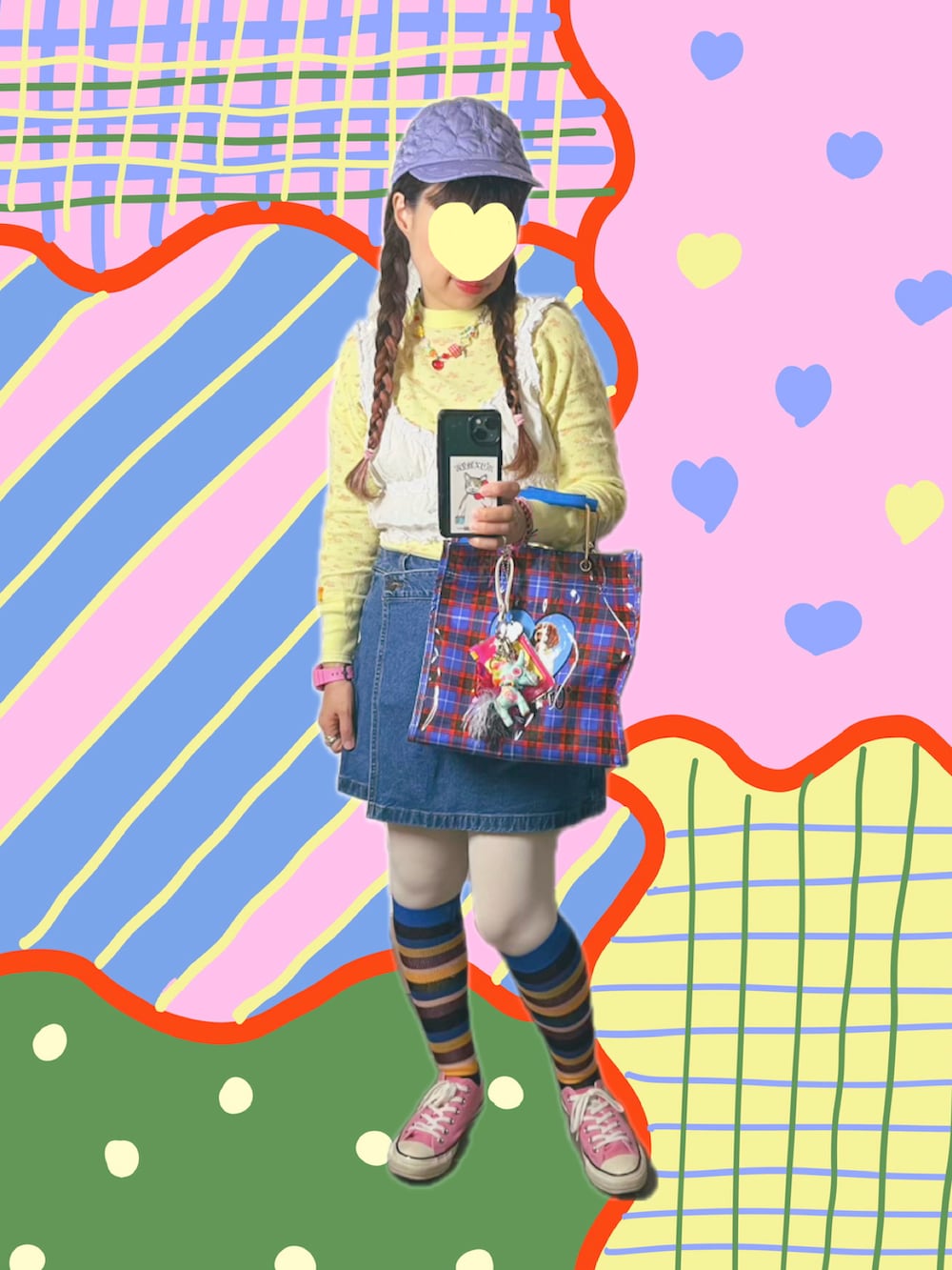 イエロー系のTシャツ/カットソー、ブルー系のハンドバッグ、ピンク系のスニーカーを着用したレディースの秋コーディネートの4枚目の写真