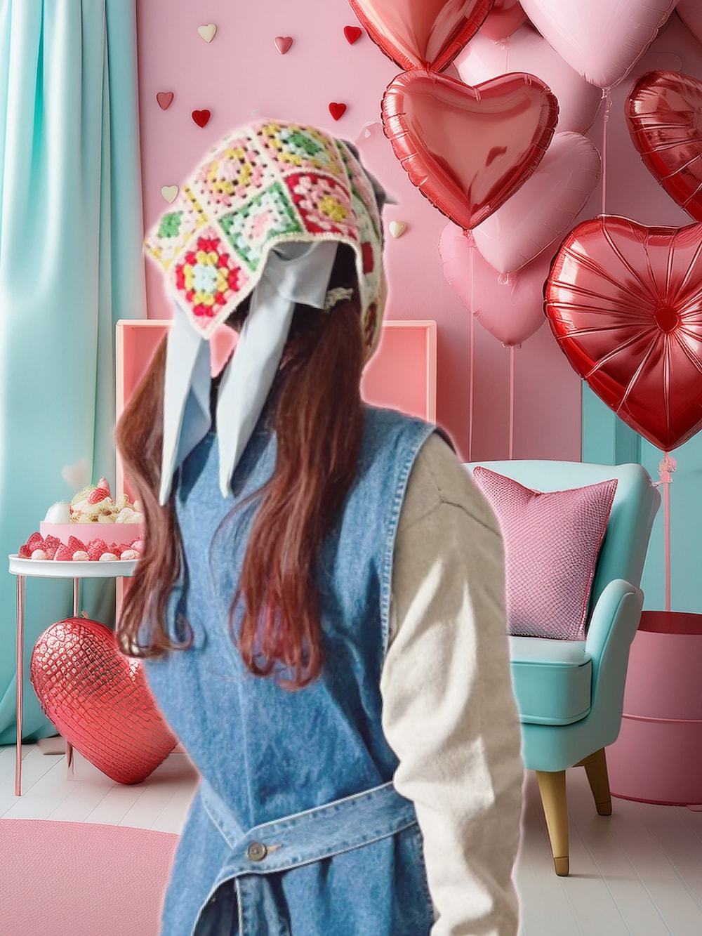 ピンク系のスニーカー、ホワイト系のその他パンツ、ブルー系のベストを着用したレディースの冬コーディネートの3枚目の写真