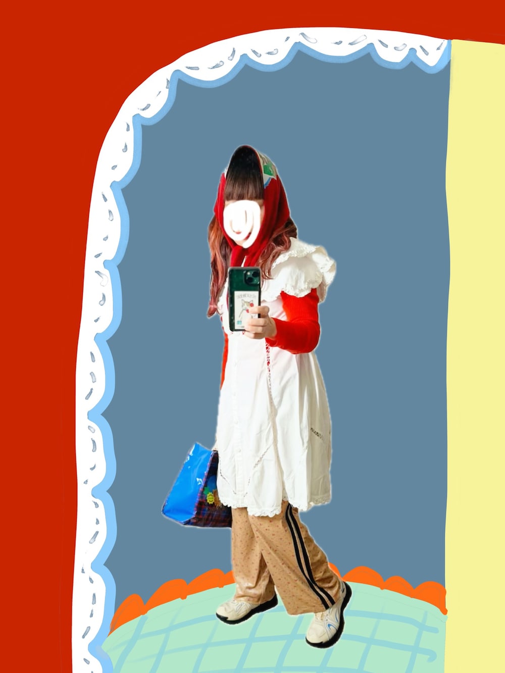 ベージュ系のその他パンツ、ブルー系のハンドバッグ、ホワイト系のスニーカーを着用したレディースの冬コーディネートの2枚目の写真