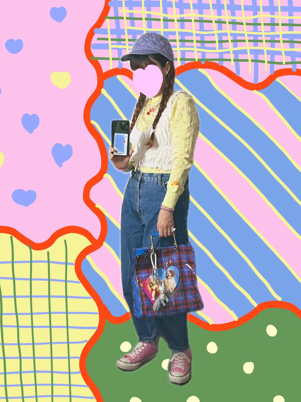 イエロー系のTシャツ/カットソー、ブルー系のハンドバッグ、ピンク系のスニーカーを着用したレディースの秋コーディネートの2枚目の写真