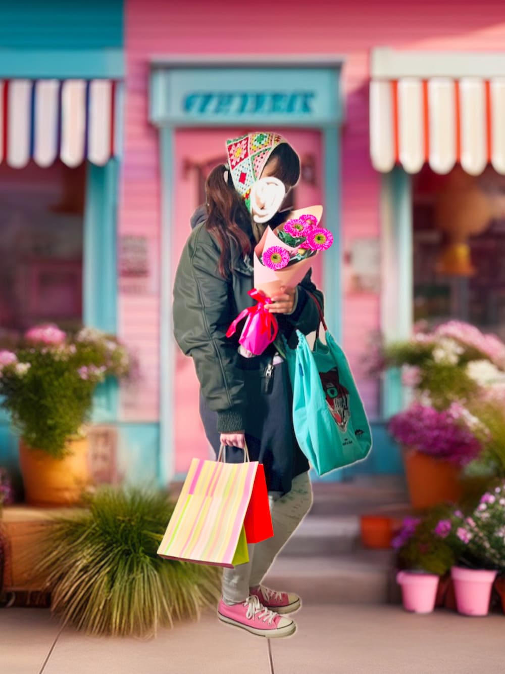 ピンク系のスニーカー、ブルー系のエコバッグ/サブバッグ、ブラック系のスウェットを着用したレディースの秋コーディネートの3枚目の写真