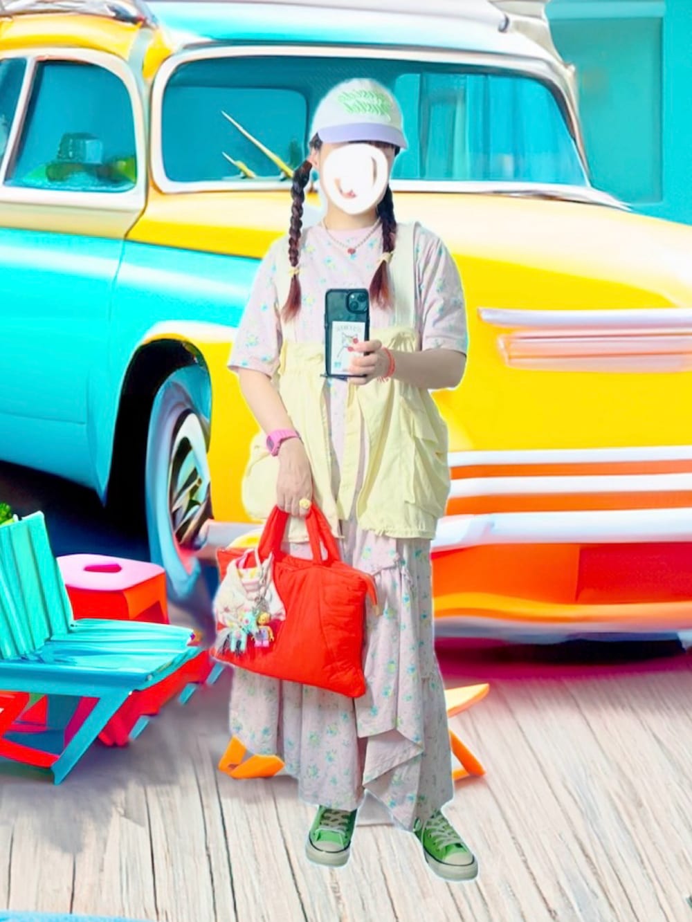 ピンク系のワンピース、グリーン系のスニーカー、ホワイト系のベストを着用したレディースの夏コーディネートの2枚目の写真