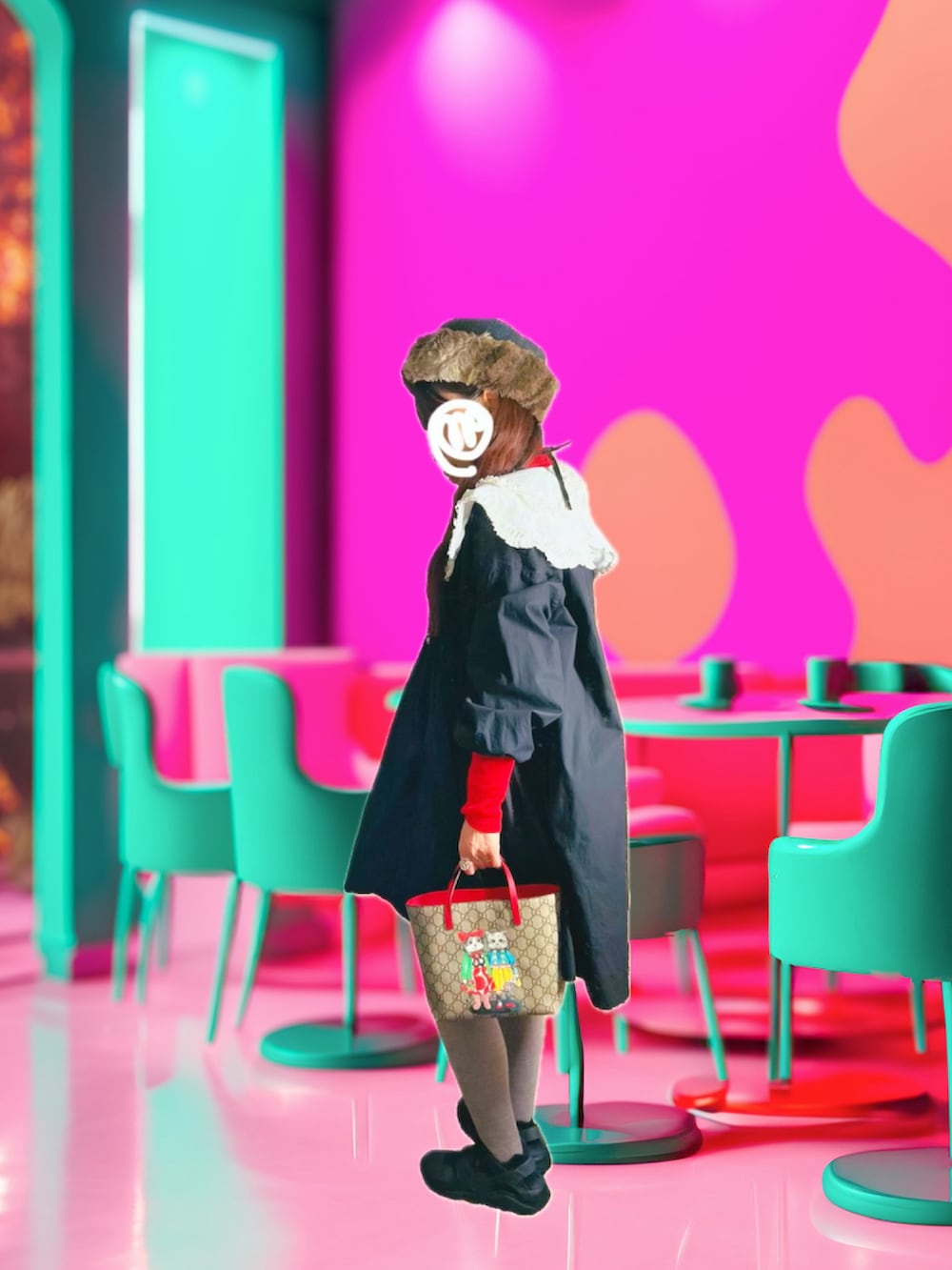 ホワイト系のその他パンツ、ブラック系のスニーカー、ブラック系のワンピース/ドレスを着用したレディースの冬コーディネートの3枚目の写真