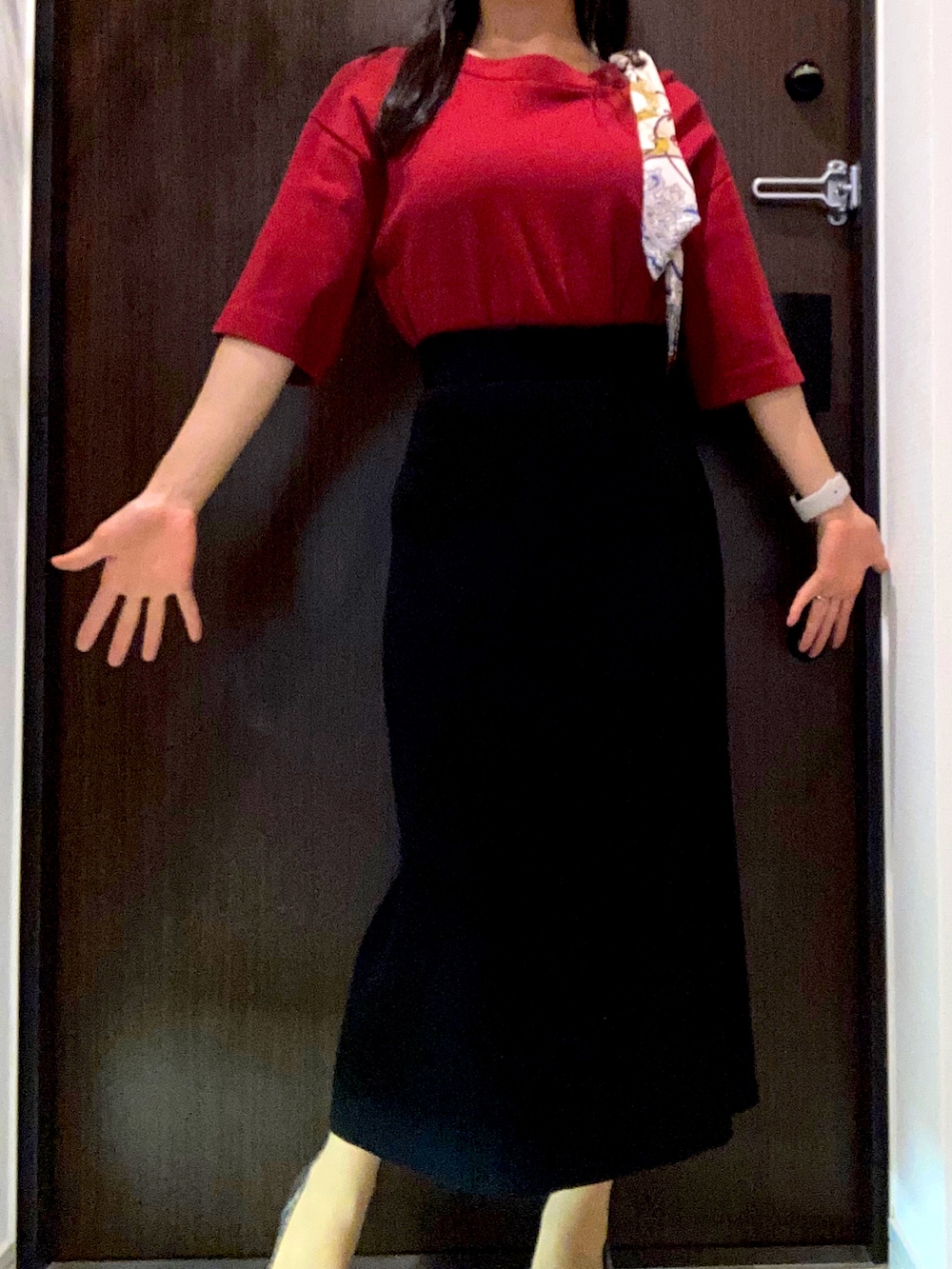 レッド系のTシャツ/カットソー、ブラック系のスカート、シルバー系のパンプスを着用したレディースの秋コーディネートの3枚目の写真