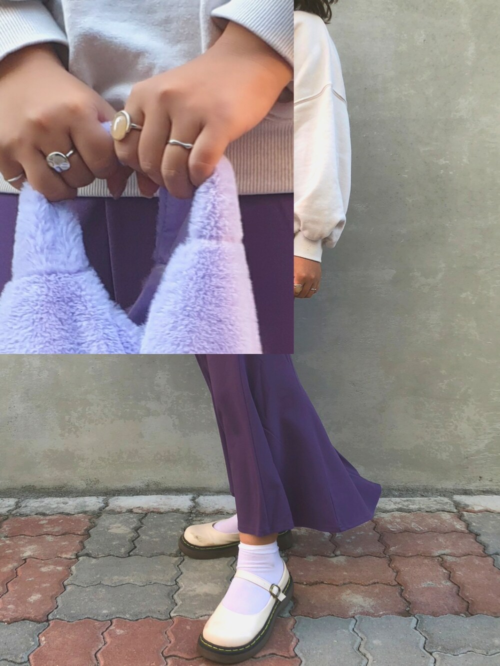 ブラック系のブルゾン、ベージュ系のその他トップス、パープル系のスカートを着用したレディースの冬コーディネートの2枚目の写真