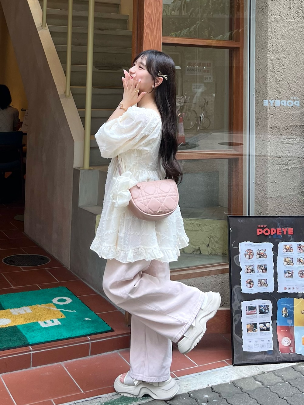 「夏ファッション、夏コーデ、休日スタイル、今日のコーデ、淡色コーデ、おでかけコーデ、デニム、シアートップス、デニムパンツ、低身長コーデ、厚底シューズ、厚底サンダル、カジュアルガーリー」|「jumelleのchesy top(シャツ/ブラウス、ホワイト系)」を使った、miyu Ӧさん(レディース・148cm)の夏コーディネートの2枚目の写真