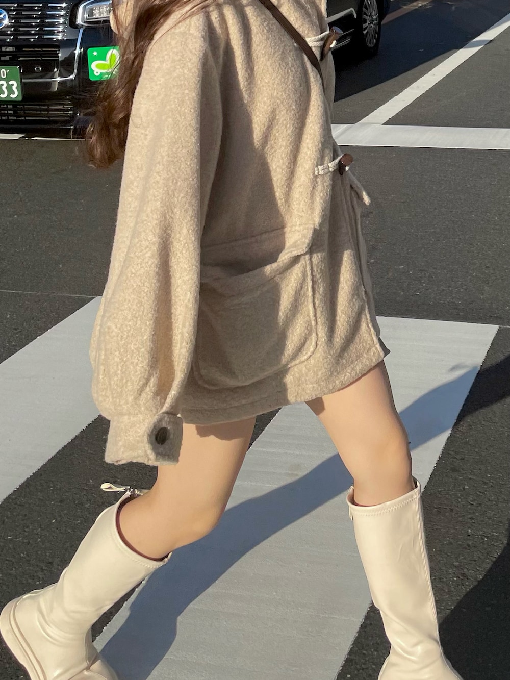 「ファッションを楽しもう、おでかけコーデ、シンプルスタイル、低身長コーデ、休日スタイル、クリスマスに着たい服、ワントーンコーデ、今日のコーデ、冬アウター、ロングブーツ、ダッフルコート」|「GRLのアイテム(ダッフルコート、ベージュ系)」を使った、miyu Ӧさん(レディース・148cm)の秋コーディネートの2枚目の写真