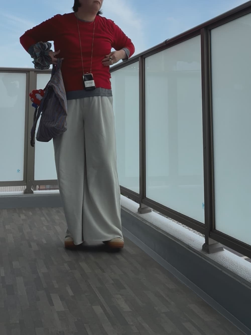 グレー系のその他パンツ、ブラウン系のショルダーバッグ、ベージュ系のスニーカーを着用したレディースの秋コーディネートの5枚目の写真