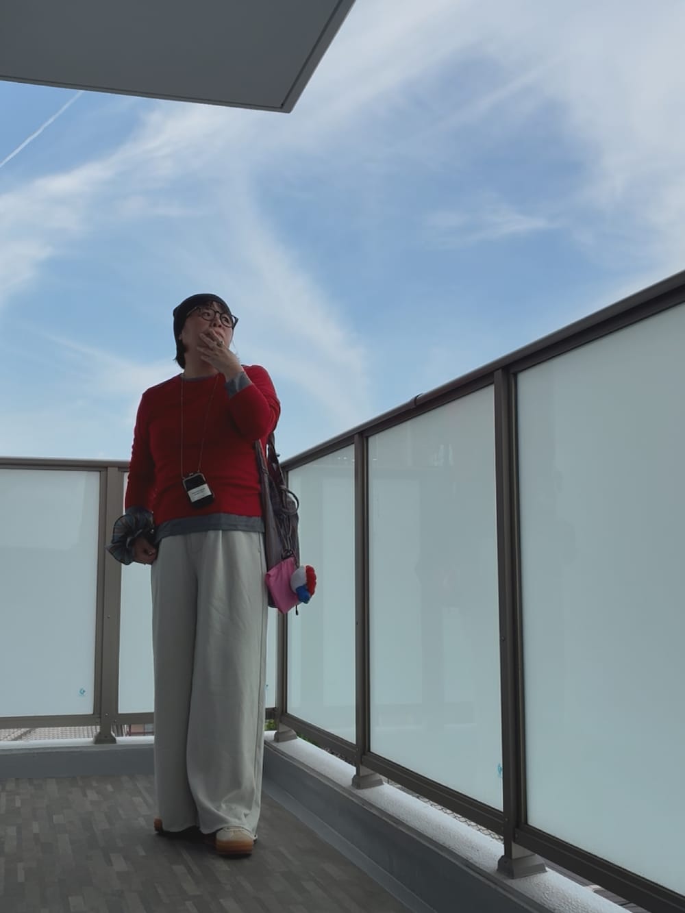 グレー系のその他パンツ、ブラウン系のショルダーバッグ、ベージュ系のスニーカーを着用したレディースの秋コーディネートの3枚目の写真