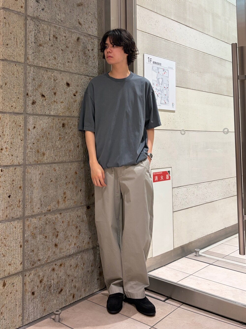 グレー系のTシャツ/カットソー、グレー系のその他パンツ、ブラック系のドレスシューズを着用したメンズの夏コーディネートの2枚目の写真