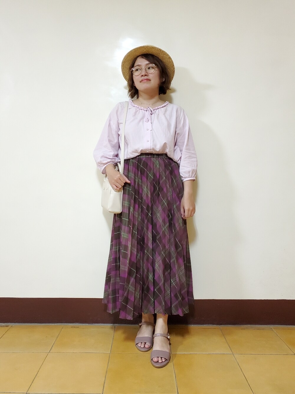 「夏コーデ、大人カジュアル、大人コーデ、大人かわいい、紫、低身長、チェック柄に恋してる、チェック柄、チェック柄スカート」|「Samansa Mos2の2WAYリボンフリルブラウス(シャツ/ブラウス、パープル系)」を使った、呱呱🍯さん(レディース・152cm)の夏コーディネートの2枚目の写真