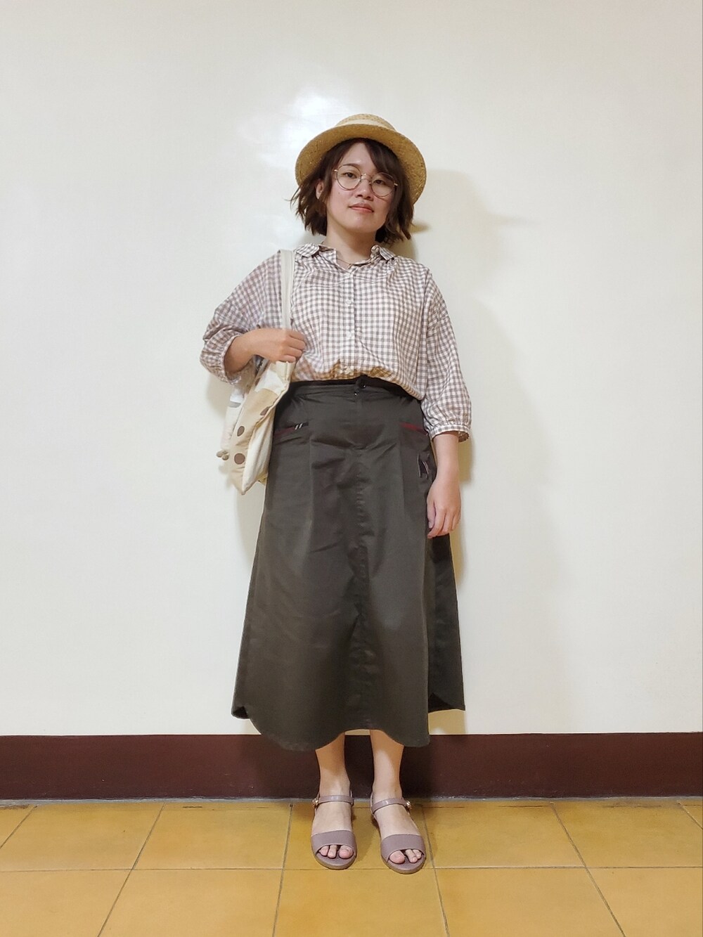 「大人カジュアル、夏コーデ、大人かわいい、低身長、低身長コーデ、チェック柄、チェック柄に恋してる」|「Samansa Mos2の衿付前後着ブラウス(シャツ/ブラウス、ベージュ系)」を使った、呱呱🍯さん(レディース・152cm)の夏コーディネートの3枚目の写真
