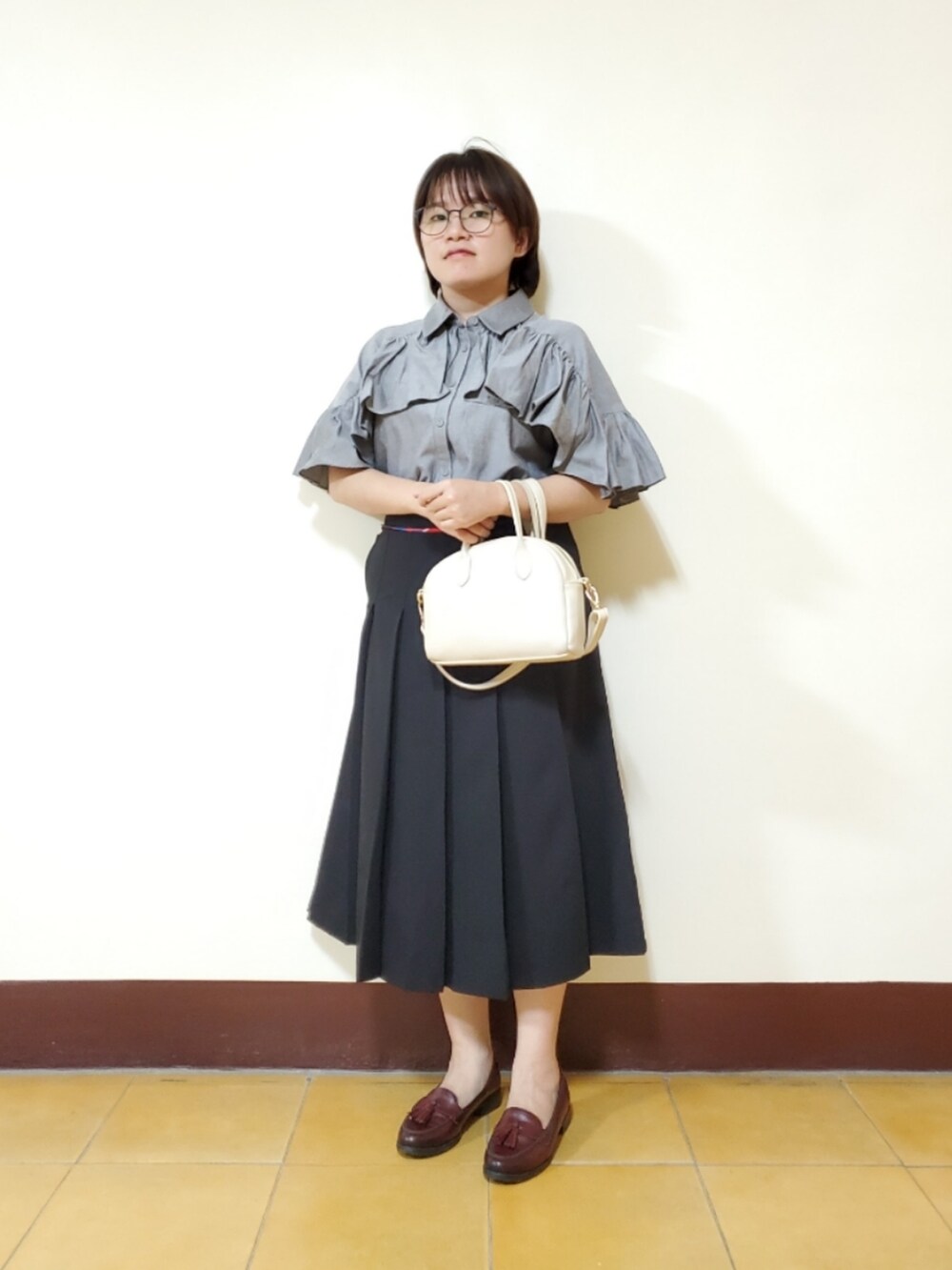 「ootd、復古、vintage、大人カジュアル、大人女子、低身長、低身長コーデ、秋コーデ」｜「Scottish Houseのアイテム（スカート、ブラック系）」を使った、呱呱🍯さん（レディース・152cm）の秋コーディネートの4枚目の写真