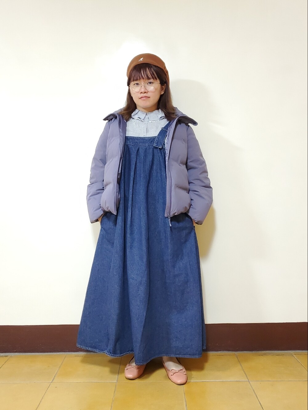 「春服デビュー宣言、大人カジュアル、大人かわいい、低身長、低身長コーデ、Samansa Mos2、KANGOL、街頭穿搭、復古」｜「Samansa Mos2のフリルカラーブラウス（シャツ/ブラウス、ブルー系）」を使った、呱呱🍯さん（レディース・152cm）の春コーディネートの3枚目の写真