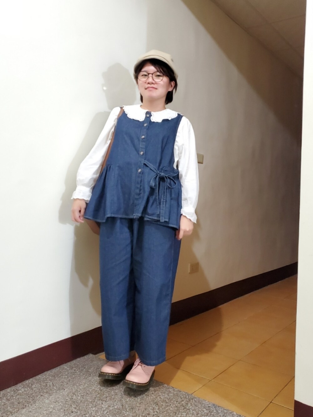 「重ね着ベストシーズン、ootd、街頭穿搭、休閒、復古、vintage、大人カジュアル、大人かわいい、低身長、低身長コーデ」｜「Samansa Mos2の【ETHICAL CRAFTS】オーガニックコットン混Gジャン（デニムジャケット、ブルー系）」を使った、呱呱🍯さん（レディース・152cm）の冬コーディネートの2枚目の写真
