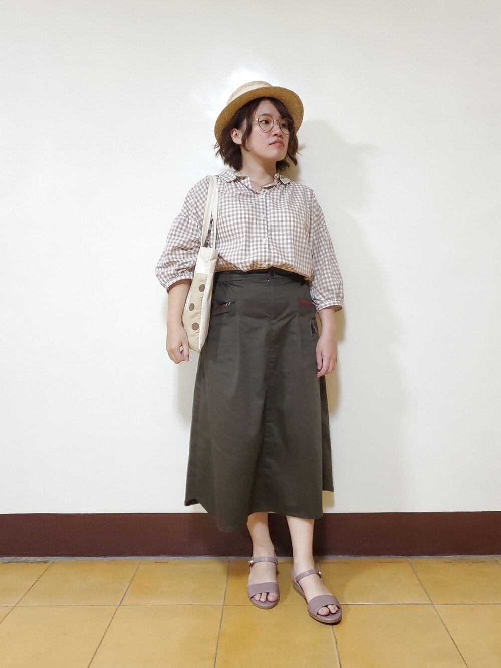 「大人カジュアル、夏コーデ、大人かわいい、低身長、低身長コーデ、チェック柄、チェック柄に恋してる」|「Samansa Mos2の衿付前後着ブラウス(シャツ/ブラウス、ベージュ系)」を使った、呱呱🍯さん(レディース・152cm)の夏コーディネートの2枚目の写真