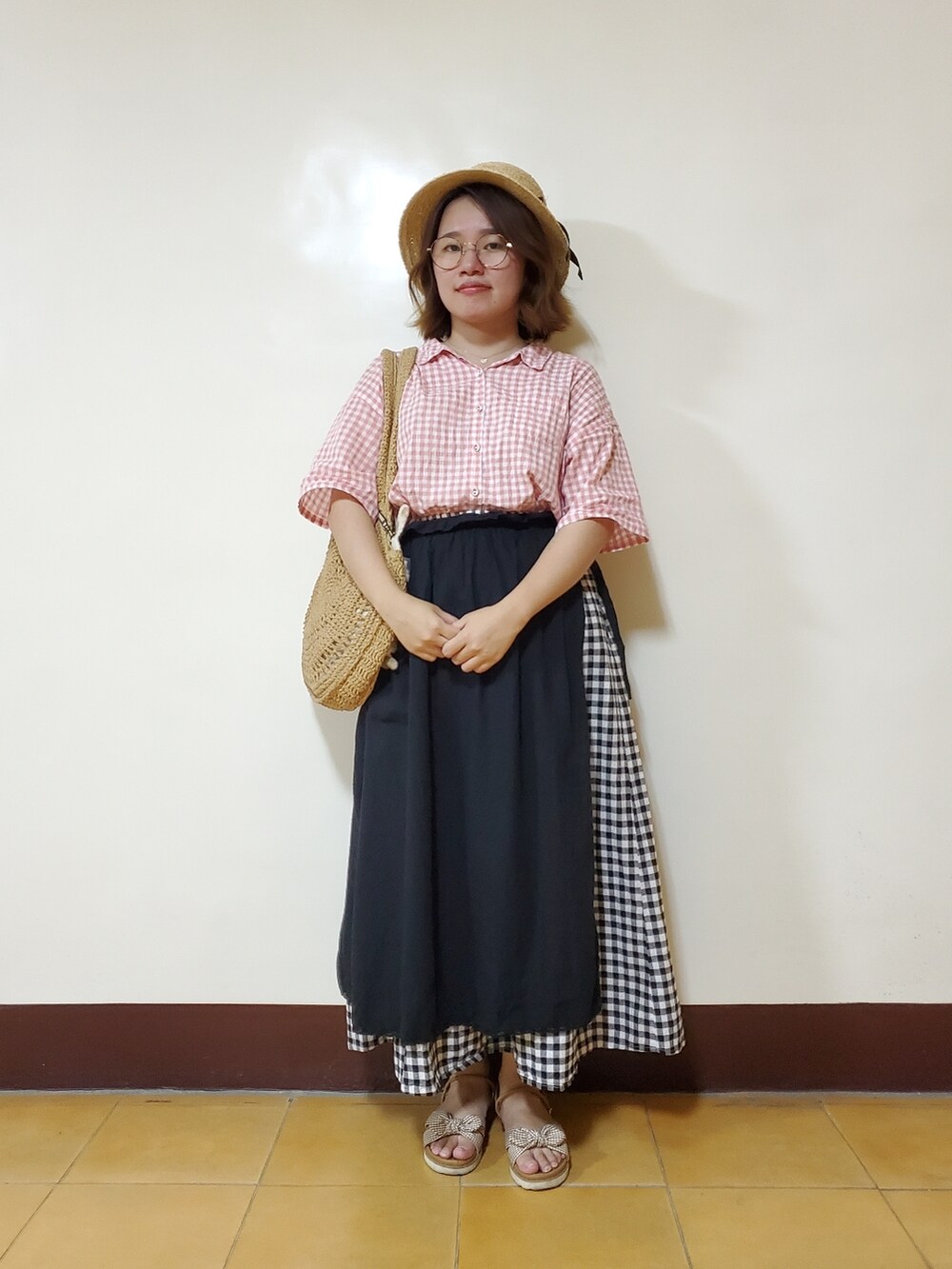 「夏コーデ、低身長、低身長コーデ、チェック柄に恋してる、チェック柄、チェック柄スカート」｜「Samansa Mos2のぽこぽこギンガムチェックシャツ（シャツ/ブラウス、ピンク系）」を使った、呱呱🍯さん（レディース・152cm）の夏コーディネートの5枚目の写真