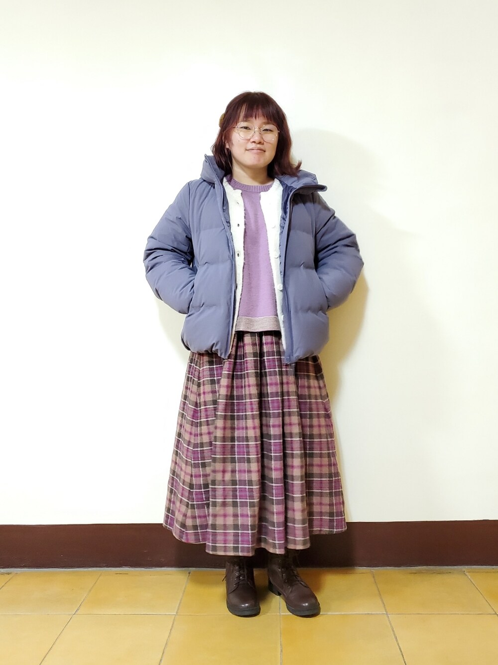 「ほめられ本命コーデ、大人カジュアル、春コーデ、冬コーデ、ootd、低身長」｜「POU DOU DOUの配色ラインガンジーセーター（ニット/セーター、パープル系）」を使った、呱呱🍯さん（レディース・152cm）の冬コーディネートの3枚目の写真