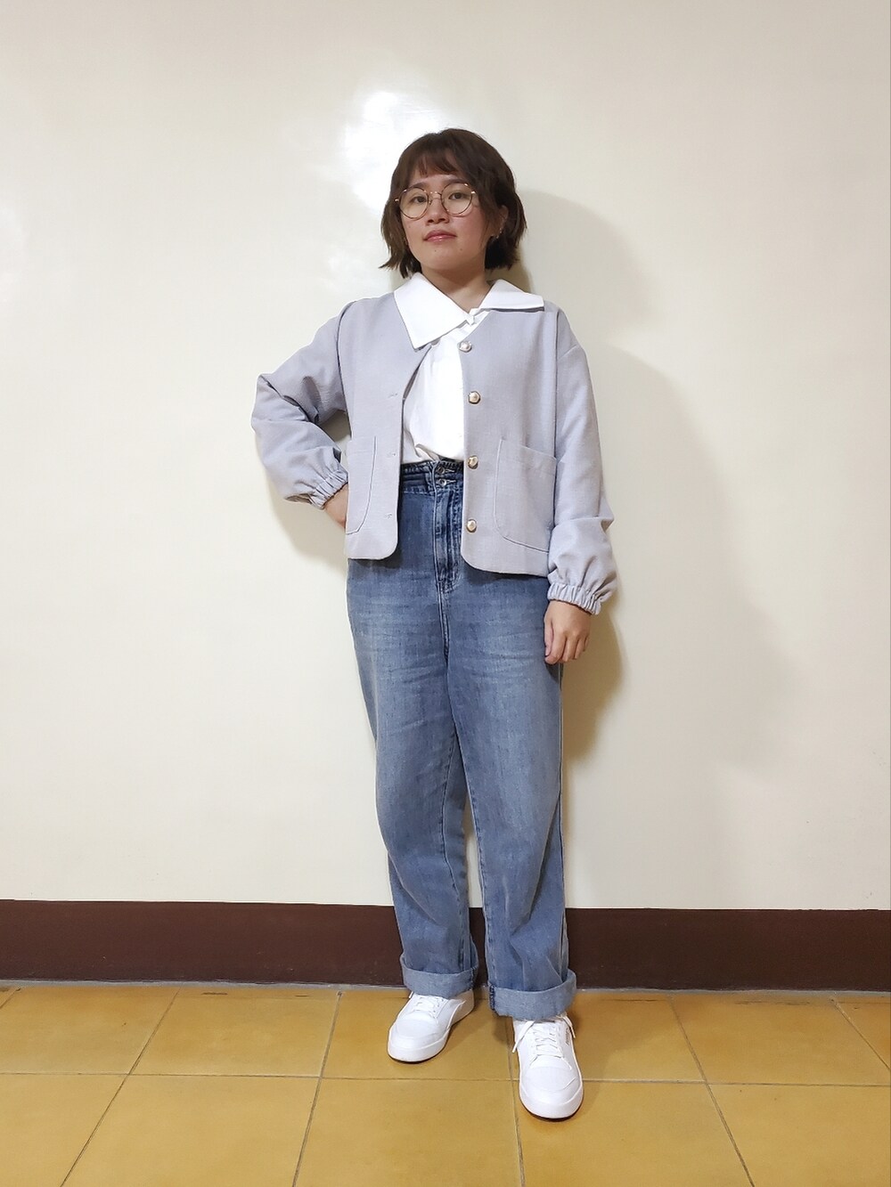 「大人カジュアル、大人コーデ、春コーデ、春夏コーデ、青、韓国ファッション、低身長」｜「FAVEのアイテム（ノーカラージャケット、ブルー系）」を使った、呱呱🍯さん（レディース・152cm）の春コーディネートの3枚目の写真