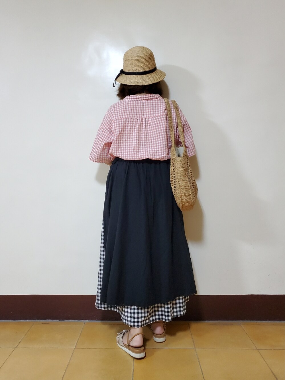 「夏コーデ、低身長、低身長コーデ、チェック柄に恋してる、チェック柄、チェック柄スカート」｜「Samansa Mos2のぽこぽこギンガムチェックシャツ（シャツ/ブラウス、ピンク系）」を使った、呱呱🍯さん（レディース・152cm）の夏コーディネートの3枚目の写真