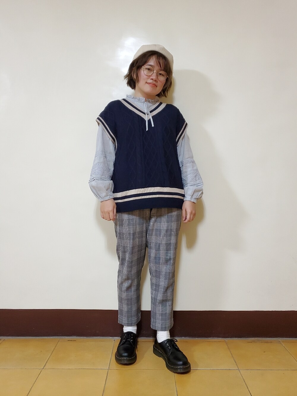 「春コーデ、大人カジュアル、低身長、学生コーデ、チェック柄に恋してる、チェック柄」｜「Samansa Mos2のレースブラウス（シャツ/ブラウス、ブルー系）」を使った、呱呱🍯さん（レディース・152cm）の春コーディネートの2枚目の写真